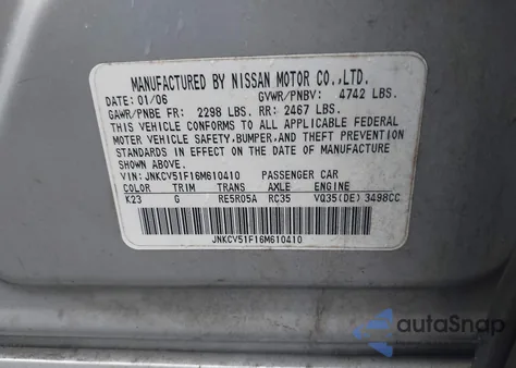 2006 Infiniti G35X from USA, damaged, VIN JNKCV51F16M610410